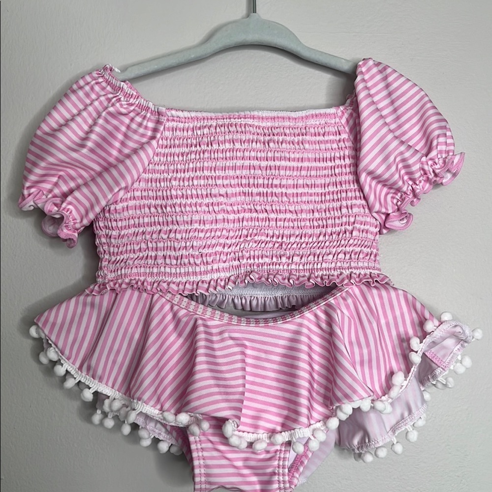 Pink Striped Off-Shoulder Top and Skirt Swim Set